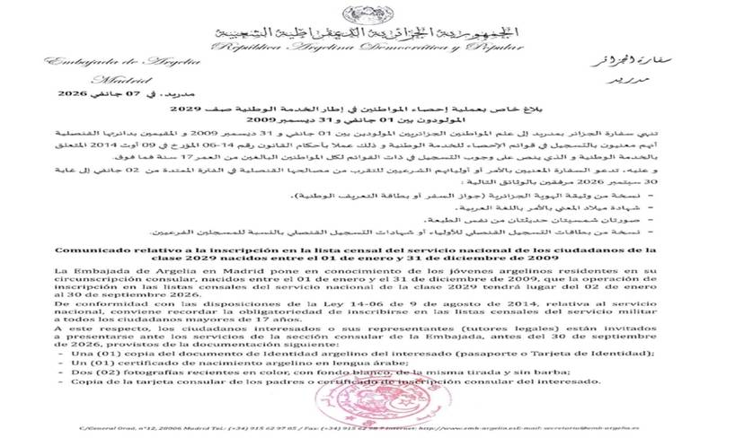 Census for the National Service of citizens born between January 1 and December 31, 2026