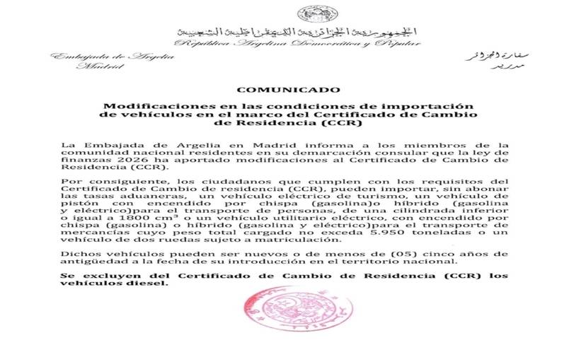 Modifications to the conditions for importing vehicles under the Certificate of Change of Residence (CCR)